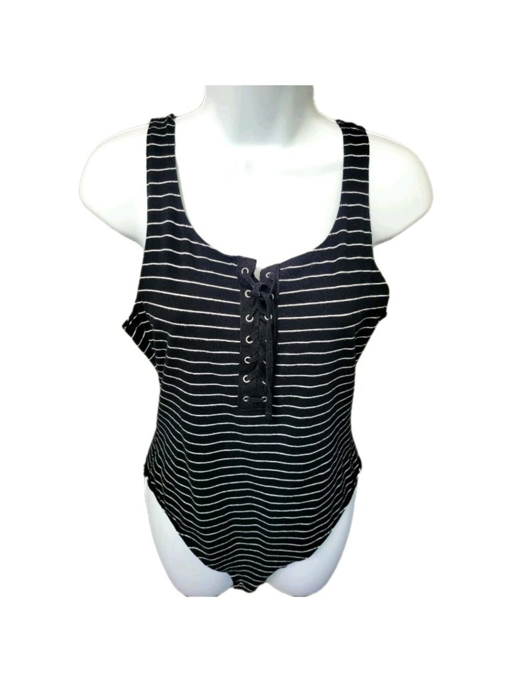 Garage Womens L Striped Sleeveless Bodysuit Tie Front Black White Indie Rock Emo
